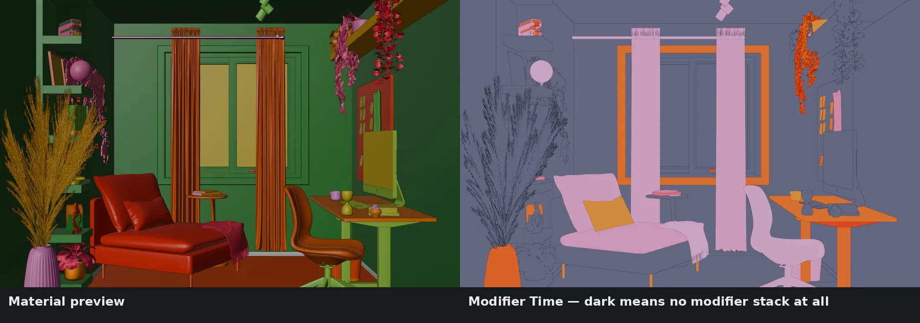 Material preview next to the modifier time heatmap